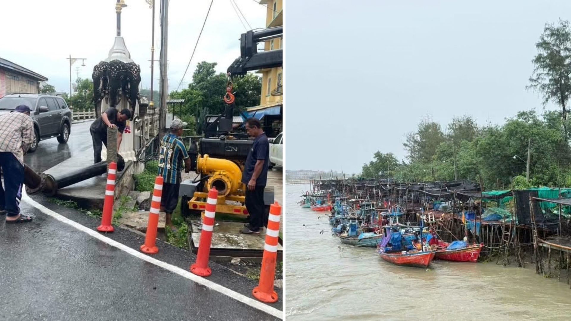 การติดตั้งเครื่องสูบน้ำสะพานจอมเกล้าเพื่อตัดยอดน้ำเขื่อนเพชร และเรือประมงบ้านโตนดน้อยที่ได้รับผลกระทบจากน้ำในคลอง D9 ไหลเชี่ยว