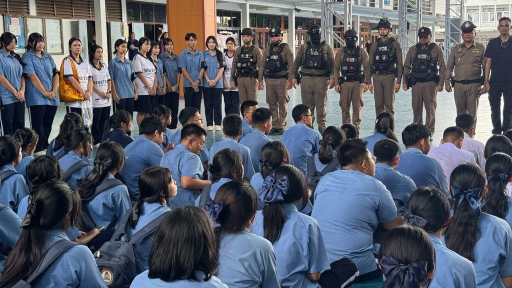 คณะผู้บริหาร ครู นักเรียน และทีมเจ้าหน้าที่ตำรวจ สภ.เมืองเพชรบุรี ร่วมกันสรุปผลและซักซ้อมความเข้าใจหลังเสร็จสิ้นกิจกรรม