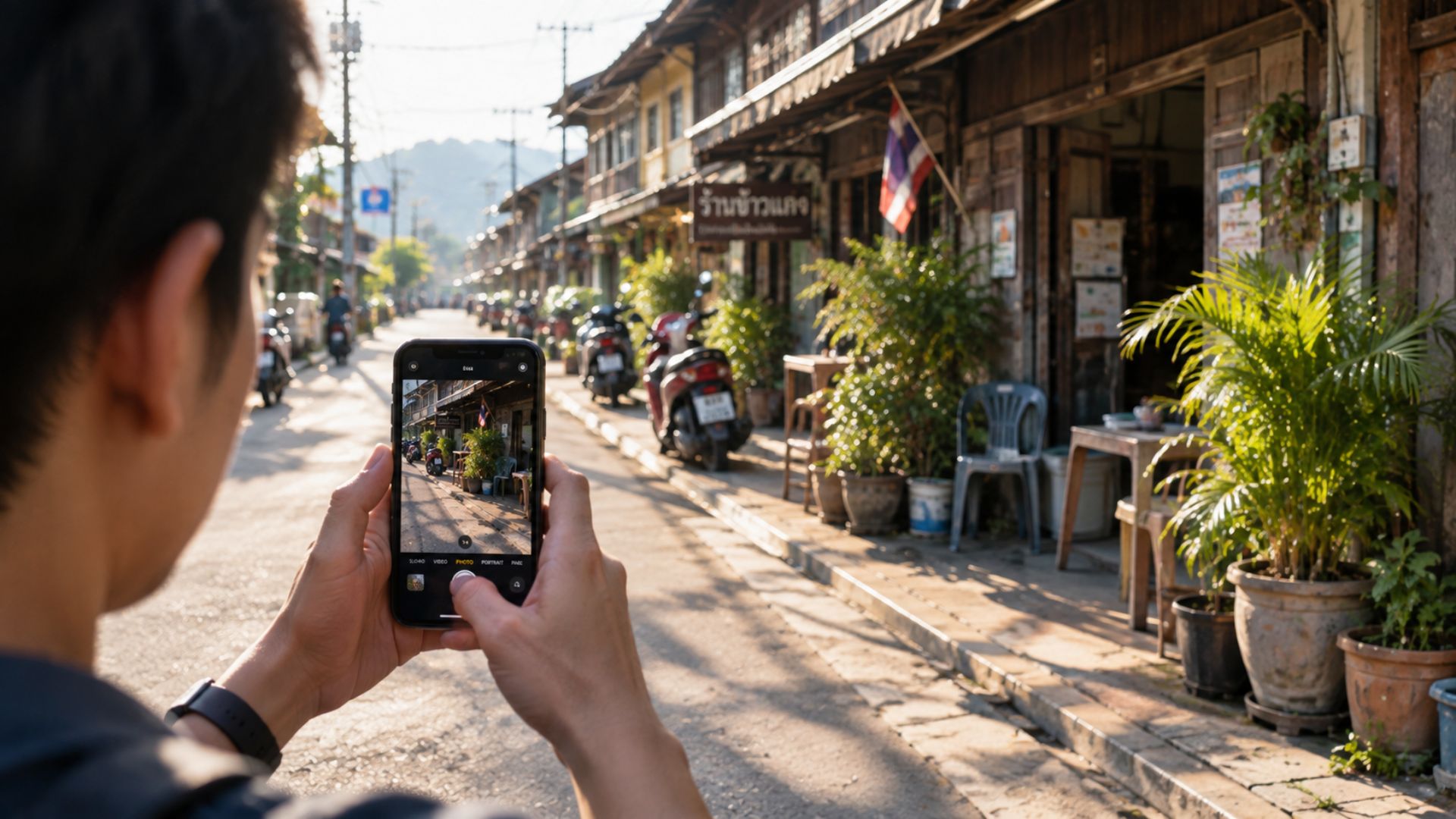 ภาพจำลองบุคคลใช้สมาร์ตโฟนถ่ายภาพการจอดรถและวางสิ่งของบนทางเท้าในชุมชน สำหรับรายงานจัดระเบียบทางเท้า ท่ายาง เพชรบุรี